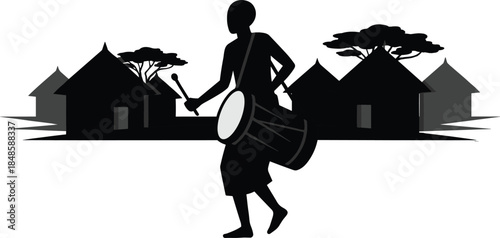 Traditional village drummer silhouette illustration, cultural folk music performance scene, rural celebration concept, ethnic percussion artist vector isolated on white