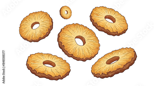 Sun-Kissed Golden Pineapple Rings, Dried and Delicately Sliced, Capturing Tropical Sweetness and Vibrant Textures on a Pristine White Background