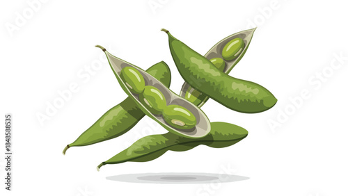 Fresh green edamame pods, some open revealing tender beans, dynamically presented on a crisp white background. This appealing illustration promotes