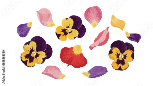 Vibrant collection of illustrated pansy blossoms and colorful petals scattered gracefully, bringing a cheerful and fresh floral design element