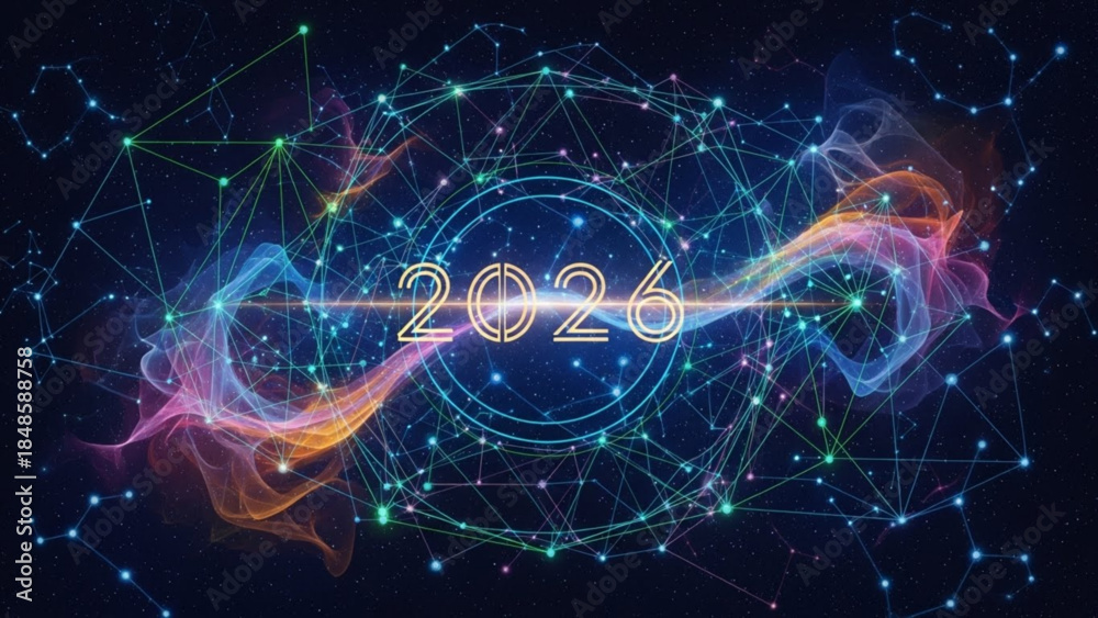 custom made wallpaper toronto digitalAbstract futuristic network with glowing particles and the year 2026 representing technology and fut