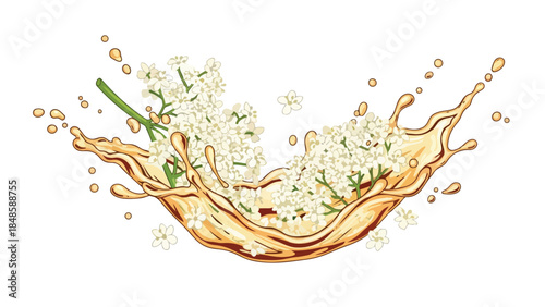 Dynamic golden liquid beautifully encapsulates delicate white floral elements creating a visual symphony of natural essence purity and refreshing