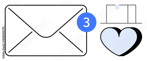 Communication, social connections, digital messaging, email marketing, notifications, online interaction. Features an envelope with a numeric alert, a heart and a package icon. Communication