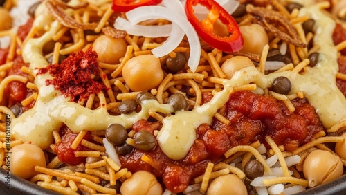 Delicious indian street food bhel puri, garnished with onion rings, chutney, and spices, served in a bowl, with a close up view showcasing the vibrant textures and colors