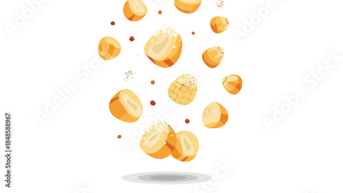 A vivid graphic illustration of golden corn kernels dynamically descending, symbolizing healthy food, essential agricultural produce, and delicious