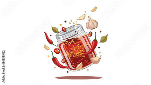 Vibrant chili garlic condiment in a transparent jar, surrounded by fresh red peppers, whole garlic cloves, and aromatic spices in a dynamic culinary