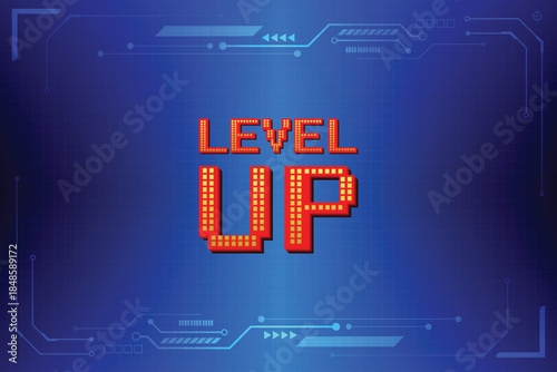 LEVEL UP. Retro Futurism Sci-Fi Background. glowing neon grid. and stars from vintage arcade computer games