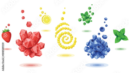 Vibrant fruit infusions with abstract geometric crystalline elements creating a modern visual blend of nature and design