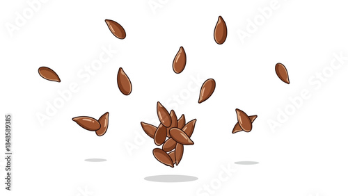 A charming graphic illustration featuring several small brown organic seeds, both scattered and clustered, symbolizing natural food ingredients,
