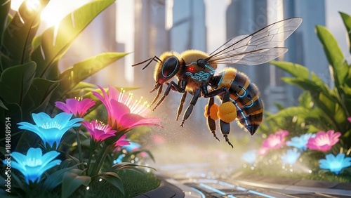 A digital rendering shows a bee collecting nectar from luminous flowers in an urban garden setting, with sunlight streaming through the buildings, creating a vibrant
