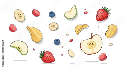 Dynamic assortment of vibrant fresh and dried fruit pieces illustrating a lively and nutritious snack concept floating effortlessly on a pristine