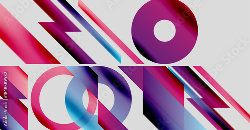 Abstract geometric composition. Vibrant colors blend, creating dynamic shapes. Lines intersect circles, offering modern aesthetic.