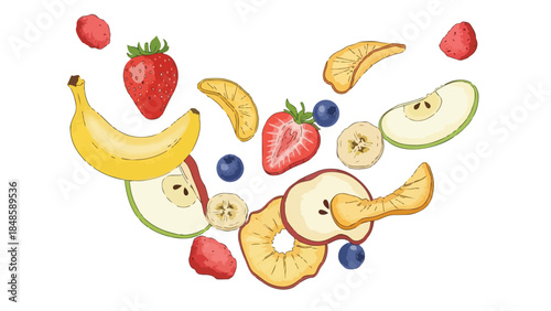 Vibrant collection of fresh and dried fruits artfully scattered on a pure white backdrop showcasing nature's healthy bounty and diverse snack