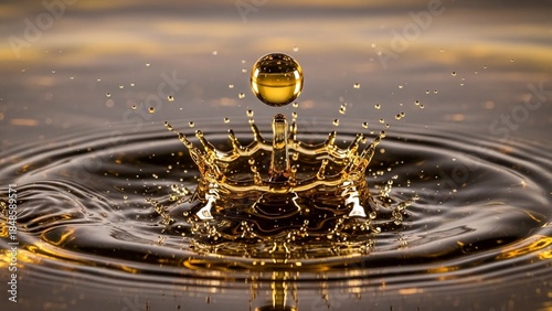 Golden droplet creates intricate crown splash artwork on a serene liquid surface in abstract and dynamic compositions, showcasing fluid motion