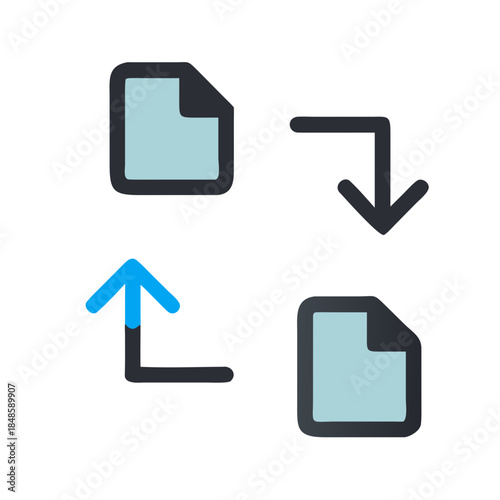 Data transfer with file icons and arrows on black background for digital usage