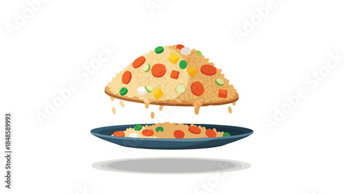 A delightful, animated illustration of freshly prepared fried rice with colorful garden vegetables elegantly hovering above a serving plate,