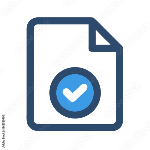 Completed Document Flat Icon with Checkmark Symbol in Blue Color Scheme