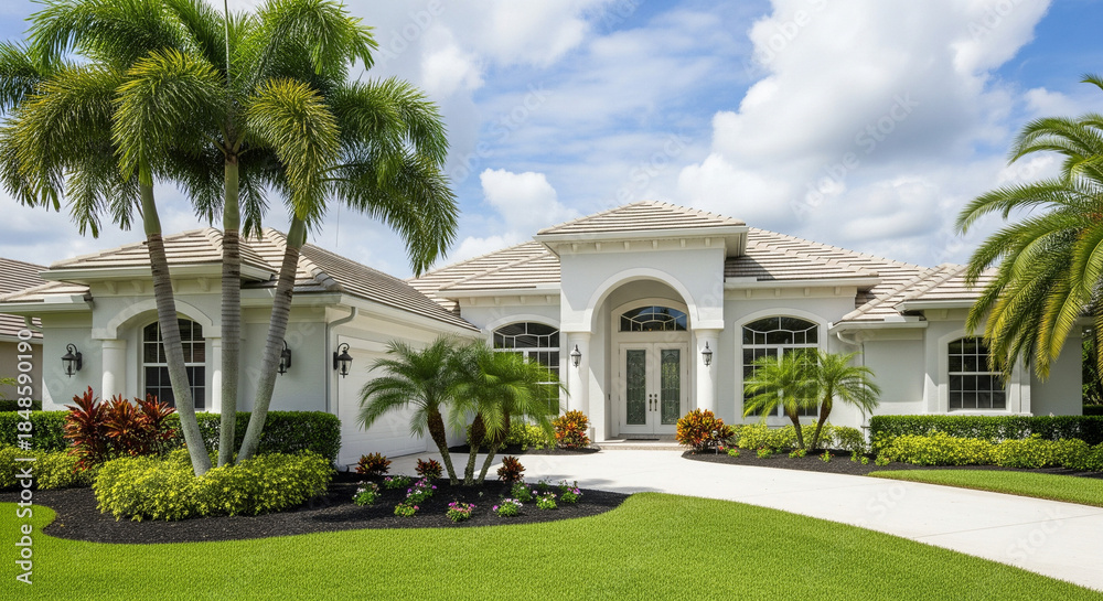 Fototapeta premium Luxury modern villa with palm trees and manicured lawn under a blue sky