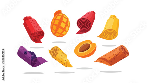 A vibrant collection of natural fruit leathers, showcasing delightful flavors and wholesome goodness in a visually appealing arrangement perfect for