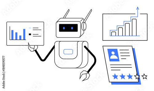 Robot analyzing data charts with bars, a rising growth chart, and a profile card with ratings. Ideal for artificial intelligence, data analysis, recruitment, review systems, automation, robotics