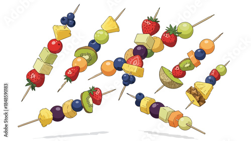 Fresh fruit skewers with assorted berries, pineapple, kiwi, and grapes offering a vibrant and healthy snack