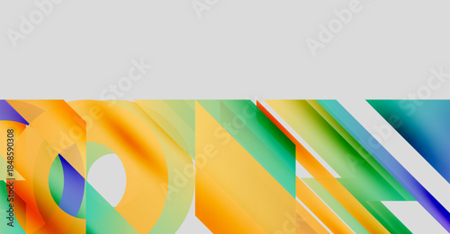 Abstract geometric shapes overlap, creating vibrant color gradients. Composition features curves, lines, plus dynamic visual energy.