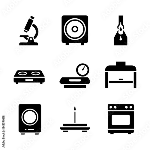 Set of 9 black flat icons for lab equipment: microscope, scale, hot plate, furnace, and speakers. Ideal for science and research graphics.