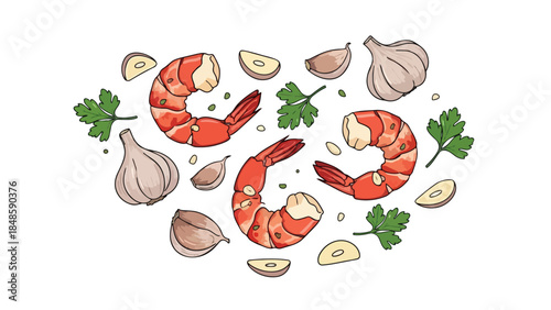 Vibrant illustration of fresh seafood ingredients, perfectly arranged with succulent shrimp, aromatic garlic cloves, and crisp parsley sprigs, ideal