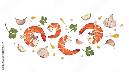 Fresh vibrant seafood ingredients illustration cooked prawns garlic cloves parsley flavorful oil splashes gourmet cooking healthy eating delicious