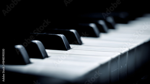 octet. Close-up of piano keys in black and white pattern, elegant musical instrument detail. lifestyle magazines, social media lookbooks, designed for influencer and brand collaborations.