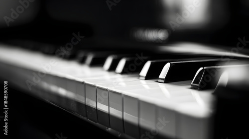 octet. Close-up of piano keys in black and white pattern, elegant musical instrument detail. lifestyle magazines, social media lookbooks, designed for influencer and brand collaborations.
