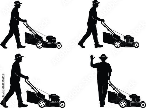 Gardener man silhouettes mowing lawn with lawnmower outdoor work gardening maintenance concept professional landscaping isolated vector illustration