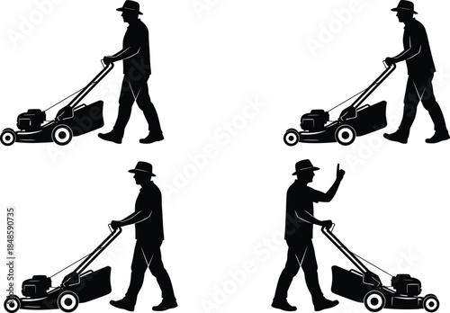 Man gardener silhouettes mowing lawn with lawnmower outdoor work landscaping maintenance concept professional yard care isolated vector illustration