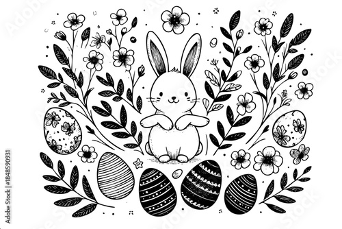 A black and white drawing of a rabbit sitting on a bed of flowers and eggs. The rabbit is smiling and he is happy. The flowers and eggs give the image a festive and joyful mood