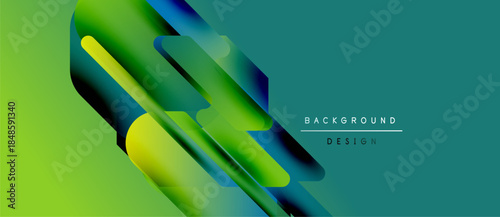Abstract geometric design. Vivid green, blue gradients create dynamic shapes. Modern background suitable for digital projects.