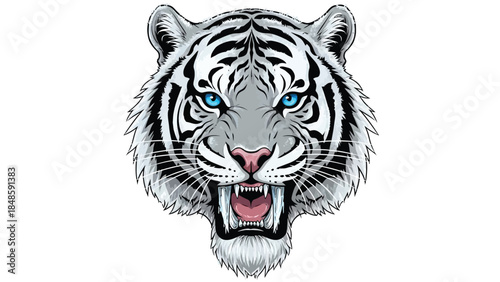 A detailed illustration of a white tiger's head with blue eyes and an open mouth on a white background.