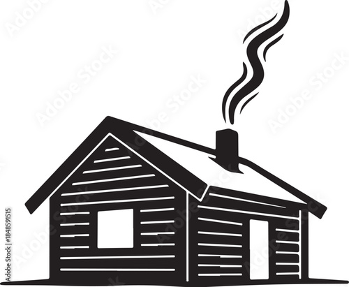 Simple Black Log Cabin Icon with Smoke