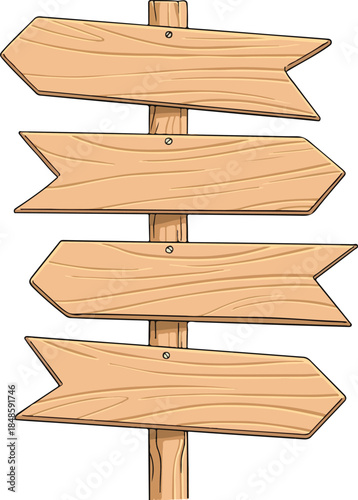 Wooden directional signpost with four arrow planks. Rustic hand-drawn timber guidepost isolated on white. Ideal for navigation icons, outdoor camping themes, park maps, and game interface design.