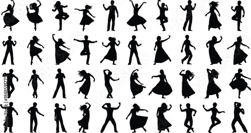 Dancing people silhouettes collection, male female dancers poses, modern ballet contemporary movements, black shadow figures, isolated white background vector illustration