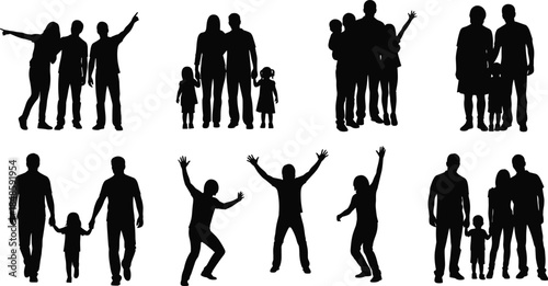 Happy family silhouettes collection, parents children together poses, people pointing celebrating moments, black shadow figures, isolated white background illustration