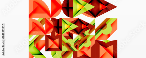 Abstract geometric shapes overlap, creating complex patterns. Colors include red, green, brown tones. Minimalist design, modern aesthetic.