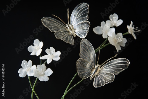 Three translucent silver butterflies with white flowers on a black background.