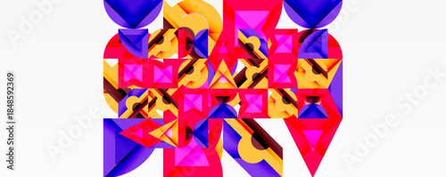 Abstract geometric shapes overlap, creating vibrant colorful composition. Triangles dominate design, with yellow, pink, purple hues.