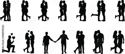 Romantic couple silhouettes collection, love kissing hugging poses, man woman relationship moments, black shadow figures, isolated white background illustration, vector