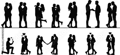 Romantic couple silhouettes collection, love hugging kissing poses, man woman relationship moments, proposal dating scenes, black shadow figures, isolated background