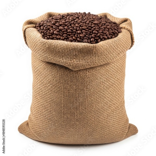 Burlap sack full of roasted coffee beans isolated on white background