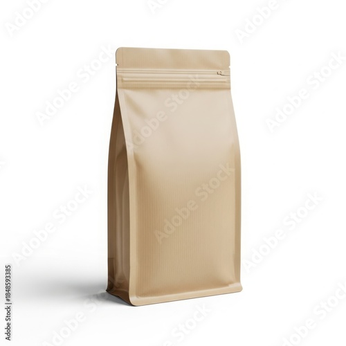 Blank flat bottom stand up kraft pouch with zipper isolated on white background