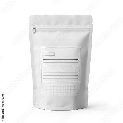 Blank white stand-up pouch packaging with zipper isolated on white background