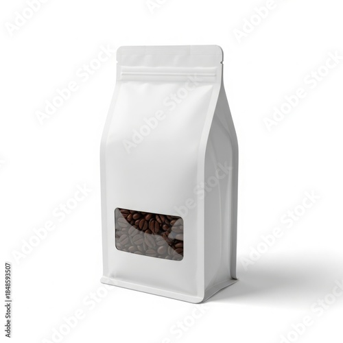 White stand-up coffee bag with transparent window showing coffee beans, isolated on white background