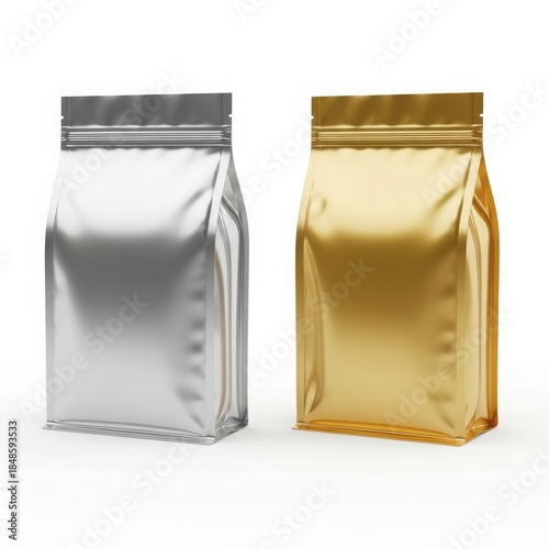 Two metallic stand-up pouches, silver and gold, isolated on white background
